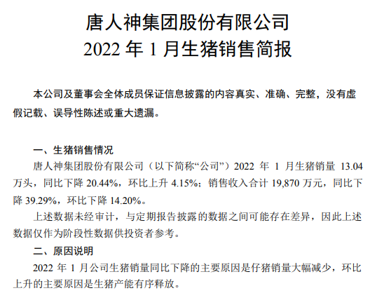 唐人神2022年1月生猪销售情况