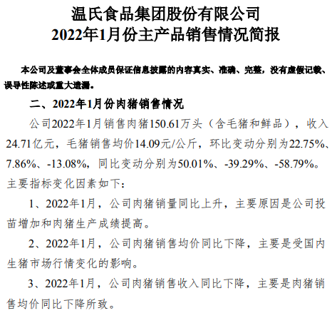 温氏股份2022年1月生猪销售情况