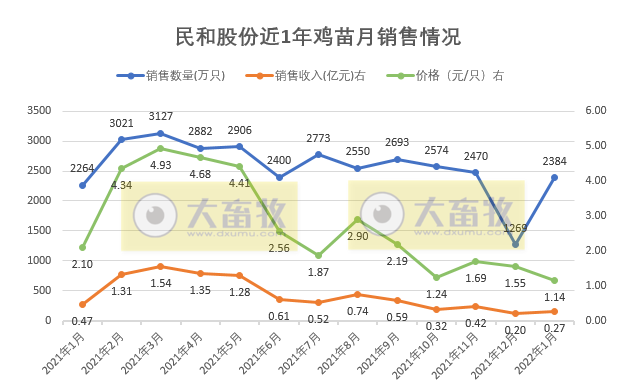 民和股份2022年1月鸡苗销售情况
