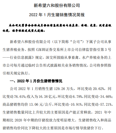 新希望2022年1月生猪销售情况及近期生产指标