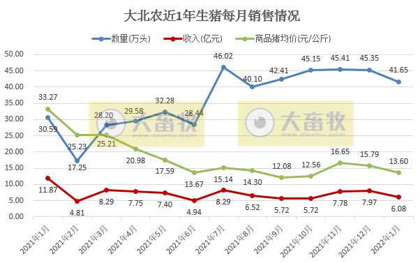 大北农2022年1月生猪销售情况