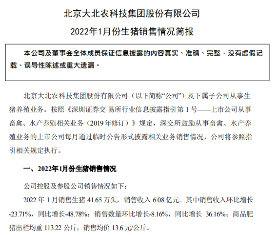 大北农2022年1月生猪销售情况
