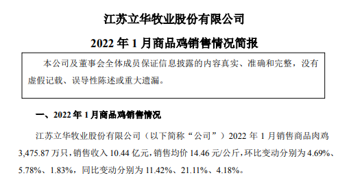 立华股份2022年1月肉鸡销售情况