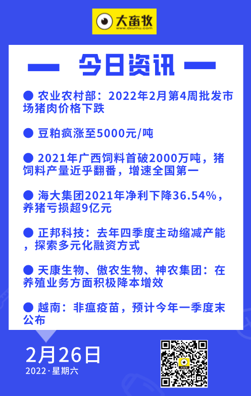 2022.02.26-今日猪价继续维稳,豆粕疯涨,海大养猪亏损超9亿,多家猪企公布降本增效方式,广西饲料首破2000万吨,越南非瘟疫苗有新动态