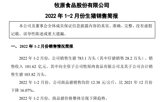 牧原股份2022年1-2月生猪销售情况