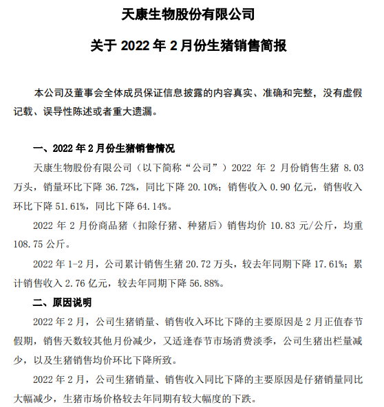 牧原、温氏等16家上市猪企2022年1-2月生猪销售情况
