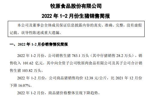 牧原、温氏等16家上市猪企2022年1-2月生猪销售情况