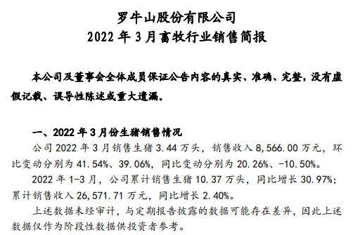 罗牛山2022年3月及1季度生猪销售情况