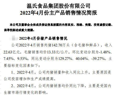 温氏股份2022年4月生猪和家禽销售及近期生产管理情况