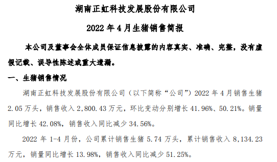 牧原、温氏等17家上市猪企2022年4月生猪销售情况