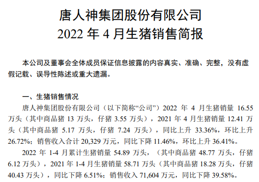 牧原、温氏等17家上市猪企2022年4月生猪销售情况