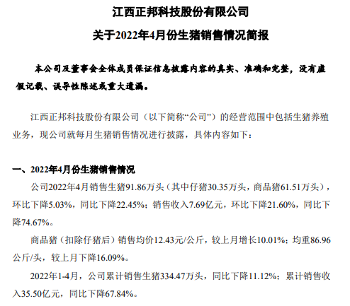 牧原、温氏等17家上市猪企2022年4月生猪销售情况