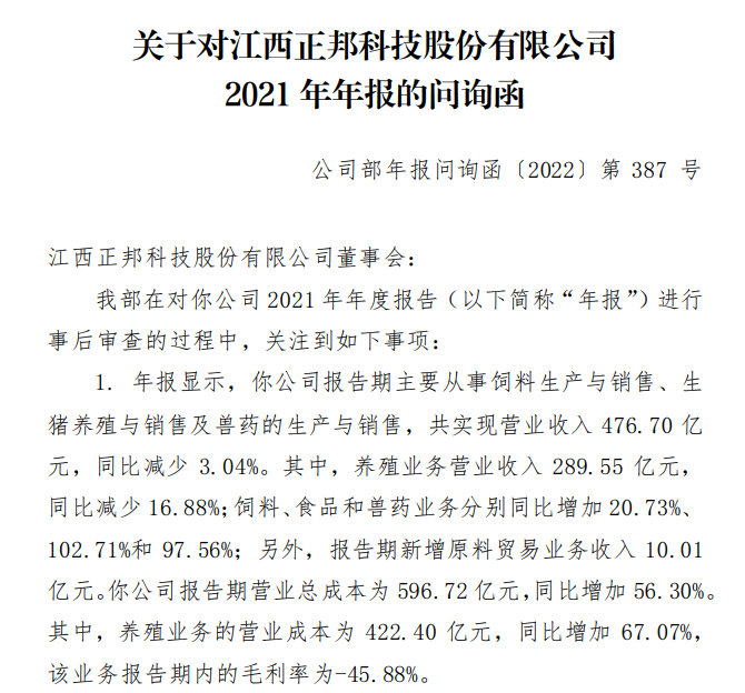 正邦科技收到深交所关于2021年年报的问询函