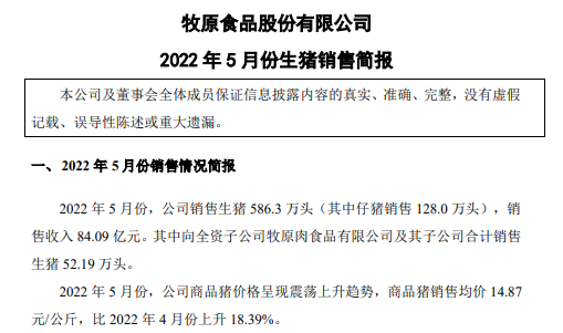 18家上市猪企2022年5月生猪销售数据汇总