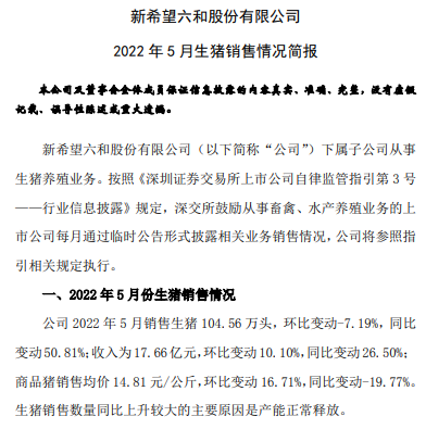 18家上市猪企2022年5月生猪销售数据汇总