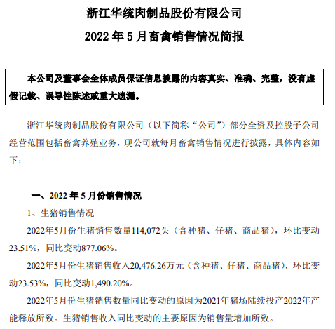 18家上市猪企2022年5月生猪销售数据汇总