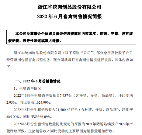 19家上市猪企2022年6月及上半年生猪销售数据汇总