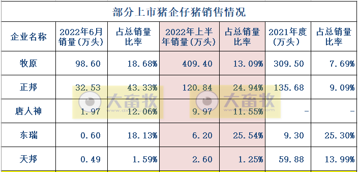 16家上市猪企2022年6月及上半年生猪销售业绩和生产指标PK