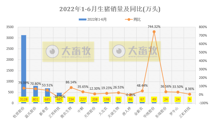 16家上市猪企2022年6月及上半年生猪销售业绩和生产指标PK
