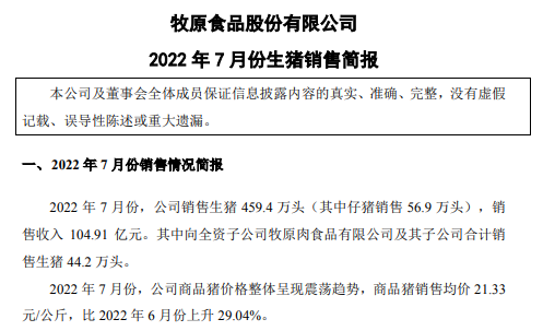 牧原、温氏和正邦等19家上市猪企2022年7月生猪销售情况