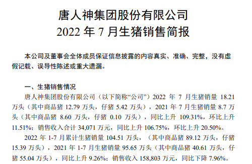牧原、温氏和正邦等19家上市猪企2022年7月生猪销售情况