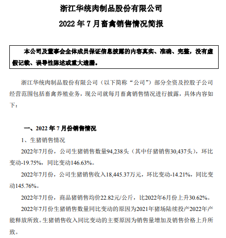 牧原、温氏和正邦等19家上市猪企2022年7月生猪销售情况