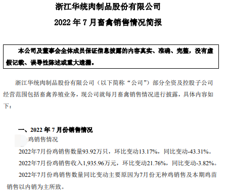 家禽行业冰火两重天！温氏、立华和湘佳等9家上市家禽企业2022年7月家禽销售情况