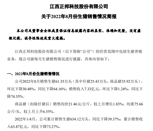 19家上市猪企2022年8月生猪销售情况汇总