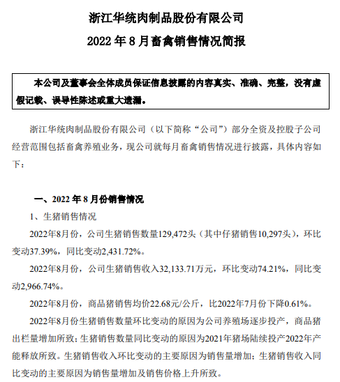 19家上市猪企2022年8月生猪销售情况汇总