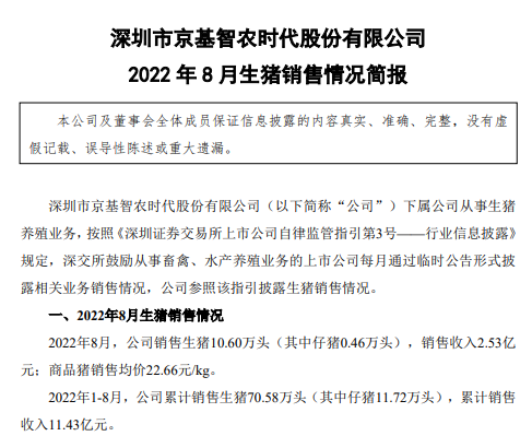19家上市猪企2022年8月生猪销售情况汇总