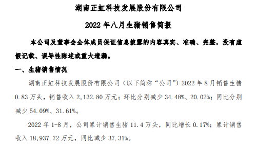 19家上市猪企2022年8月生猪销售情况汇总