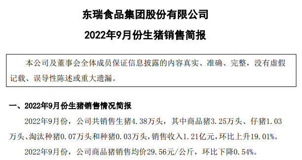 东瑞股份:9月生猪销量环比增长24%,收入再创新高