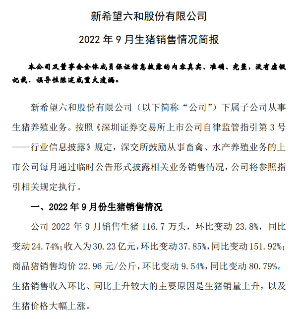 新希望：前三季度生猪销量990万头，同比增长45%，单月收入突破30亿元