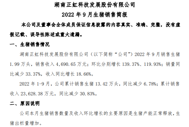 19家上市猪企2022年9月及前三季度生猪销售情况汇总