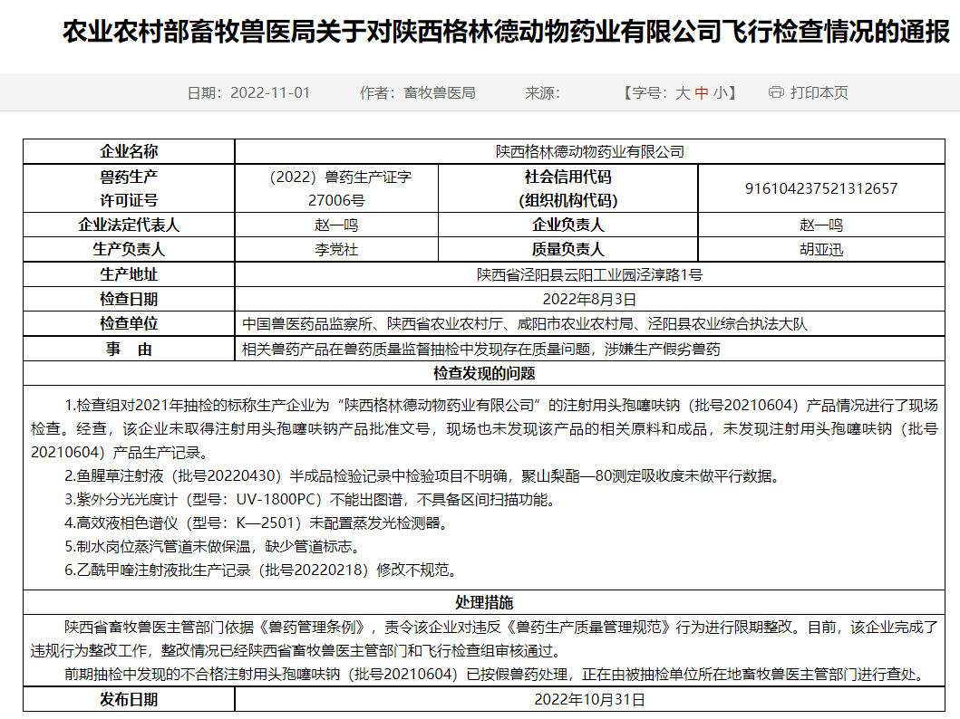 农业农村部通报陕西、四川和湖南等5家兽药企业的飞行检查情况