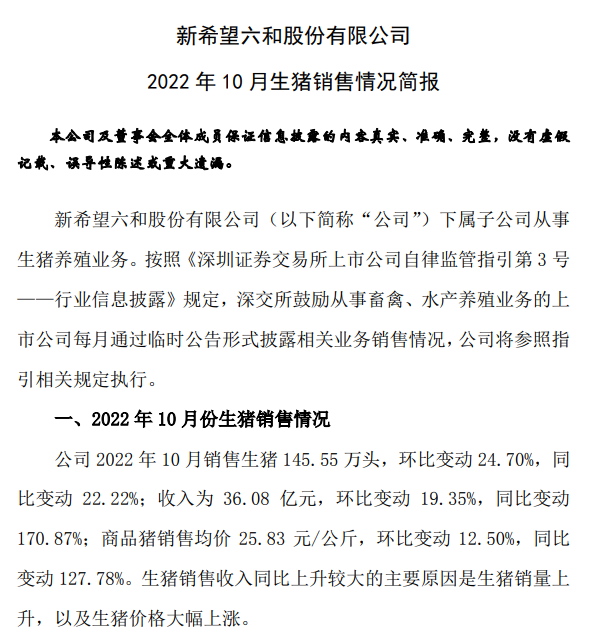 19家上市猪企2022年10月生猪销售情况