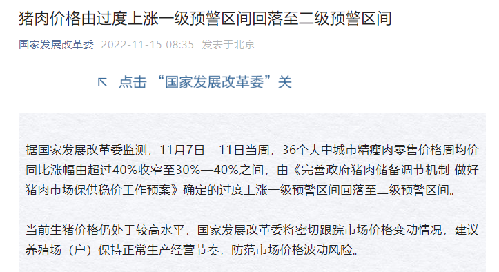 发改委：猪肉价格由过度上涨一级预警区间回落至二级预警区间