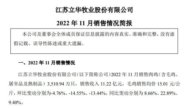 立华股份：鸡猪养殖成本均下降，11月生猪销量和收入双双创新高，预计明年可实现80万头生猪出栏目标