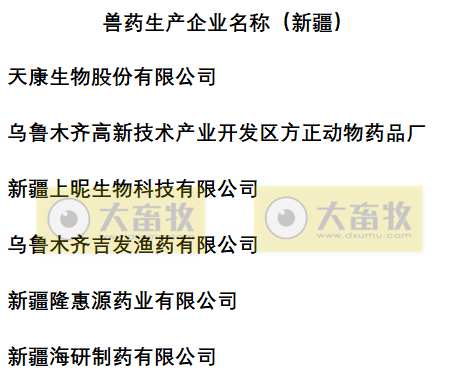 新疆兽药生产企业名录(2022年版)