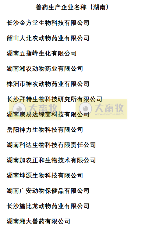 湖南兽药生产企业名录（2022年版）
