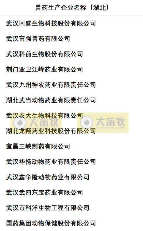 湖北兽药生产企业名录（2022年版）