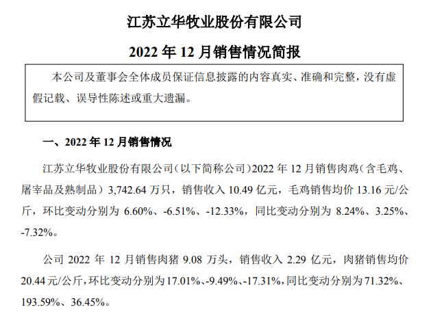 2022年扭亏为盈，预计盈利超8.5亿元，肉鸡和肉猪年度销量和收入均创新高——立华股份2022年12月及年度畜禽销售情况