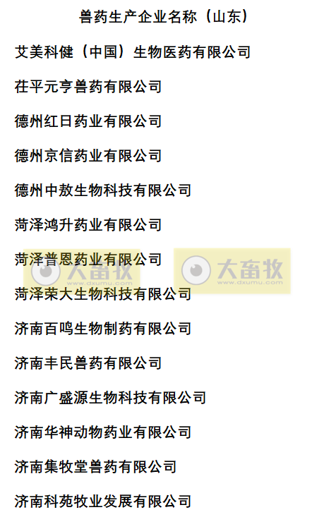山东兽药生产企业名录（2022年版）