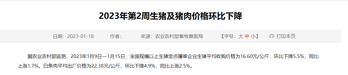 2023年第2周生猪及猪肉价格,连降12周