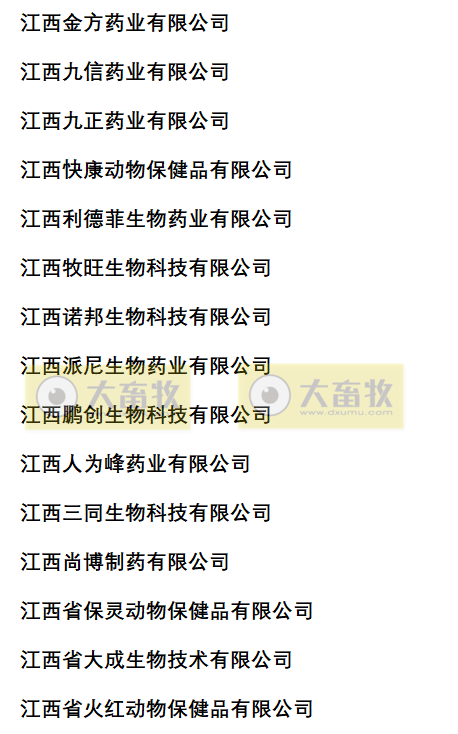 江西兽药生产企业名录（2022年版）