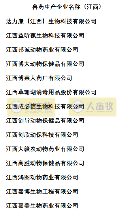 江西兽药生产企业名录(2022年版)