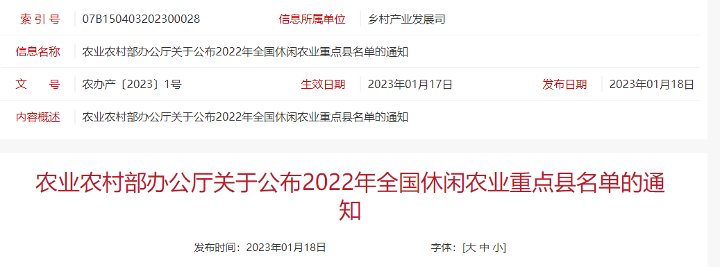 农业农村部公布2022年全国休闲农业重点县名单