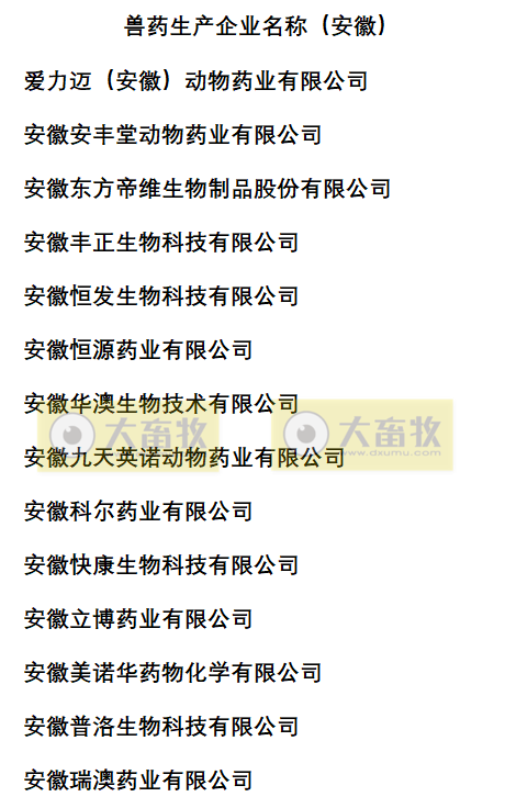 安徽兽药生产企业名录（2022年版）