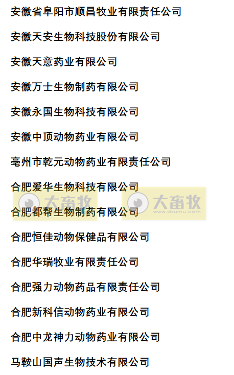 安徽兽药生产企业名录（2022年版）