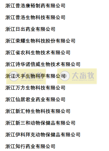 浙江兽药生产企业名录(2022年版)